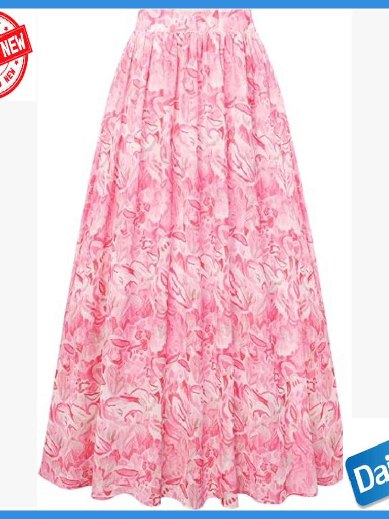 Elastic Waist Maxi Skirt With Pockets, Pleated A-Line Swing Skirt